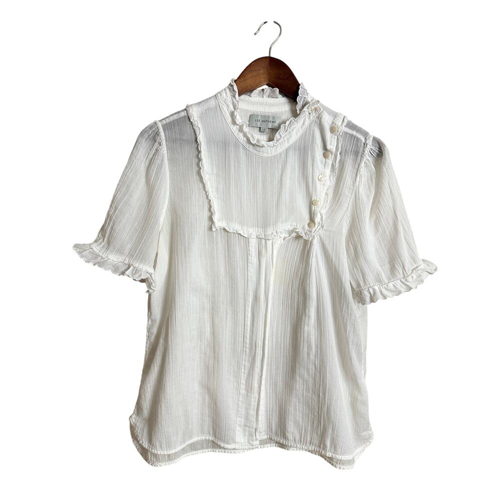 Lee Mathews Ruffle Bib Prairie Blouse White Romantic Womans 2/Medium